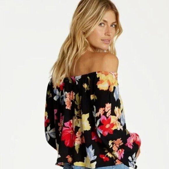 Billabong Light It Up Black On Or Off The Shoulder Floral Cropped Top Size S - Picture 2 of 10